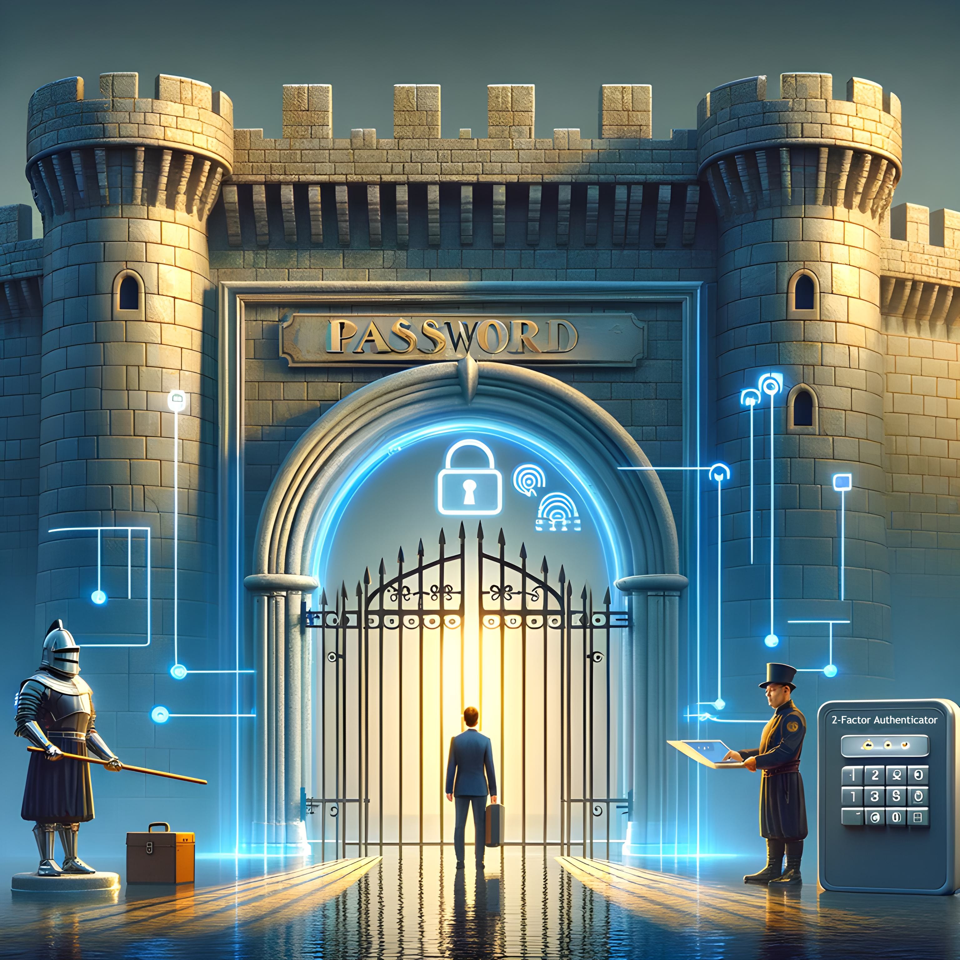 A medieval castle gate with a guard symbolizing password security and a user holding a paper for the 2FA code.