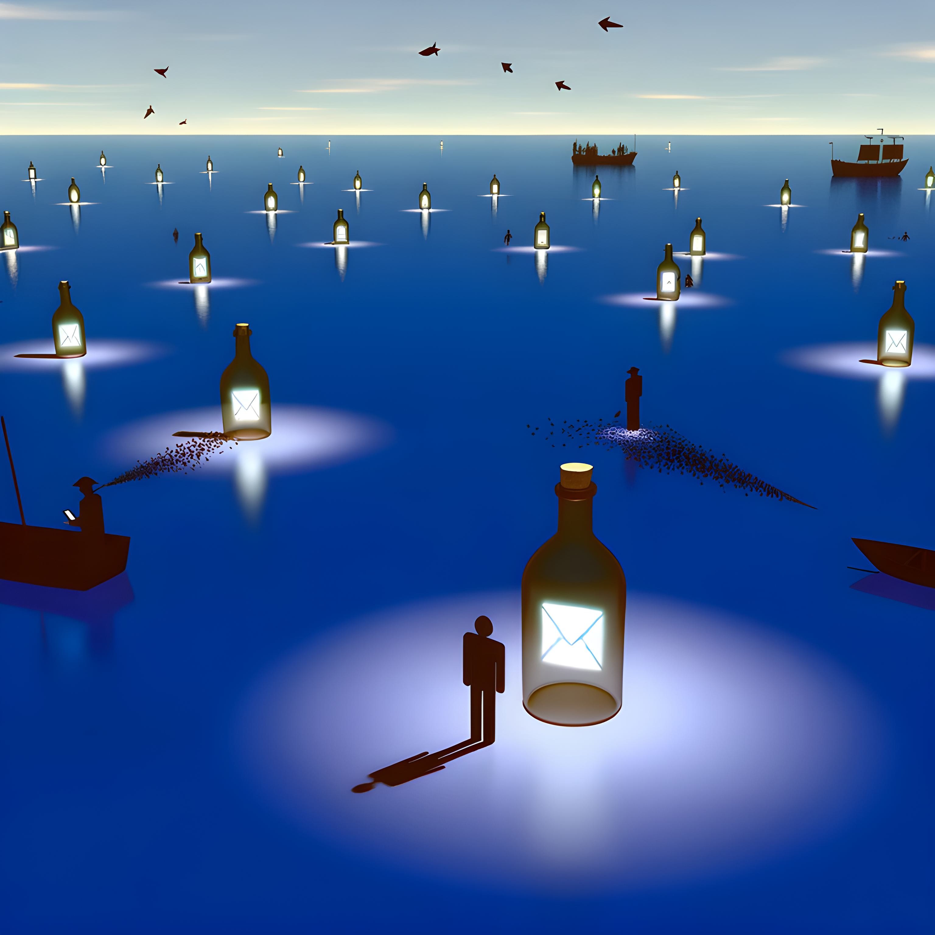 A night sea with bottles containing glowing messages and figures around, representing encrypted messaging.