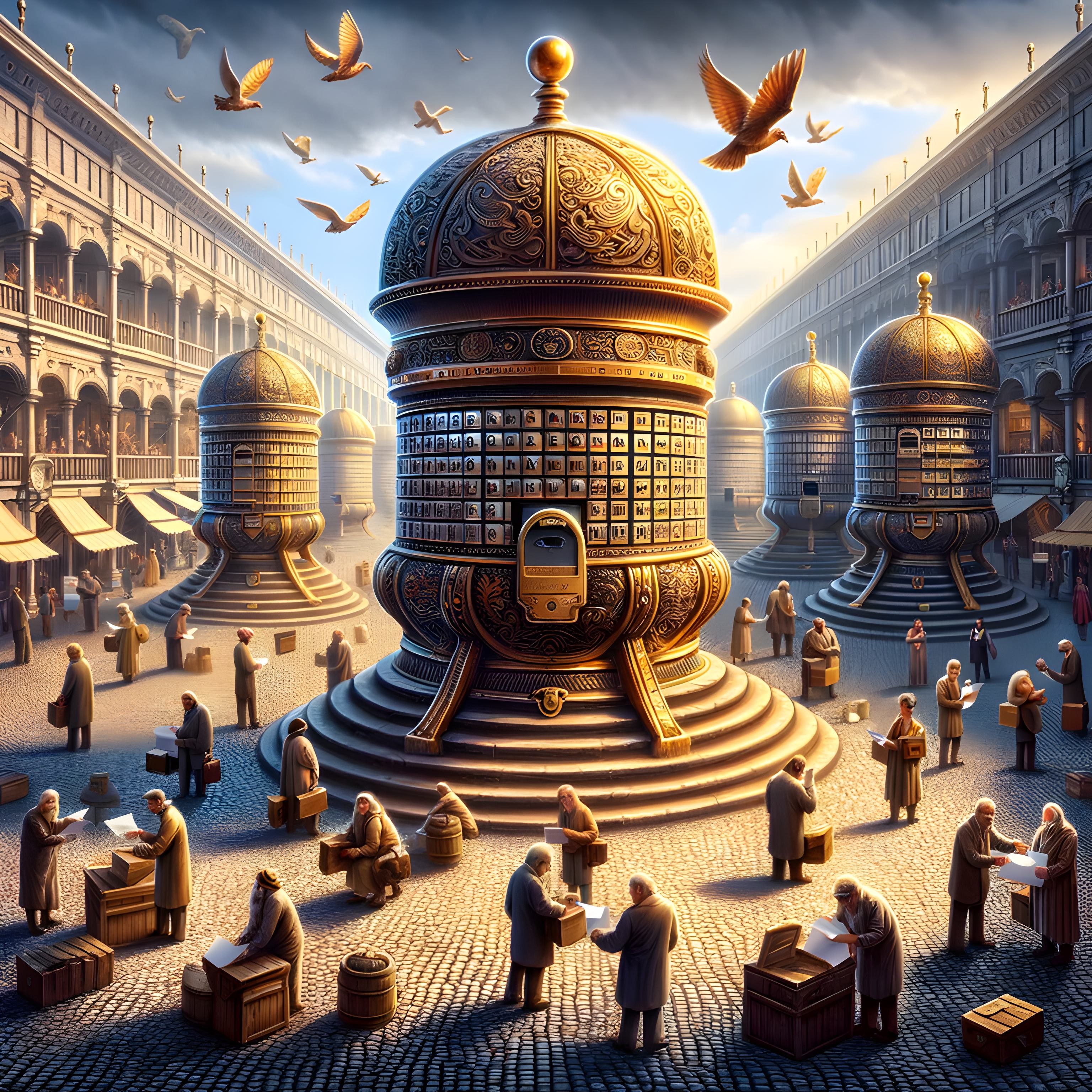 A bustling marketplace with ornate mailboxes for exchanging encrypted messages.