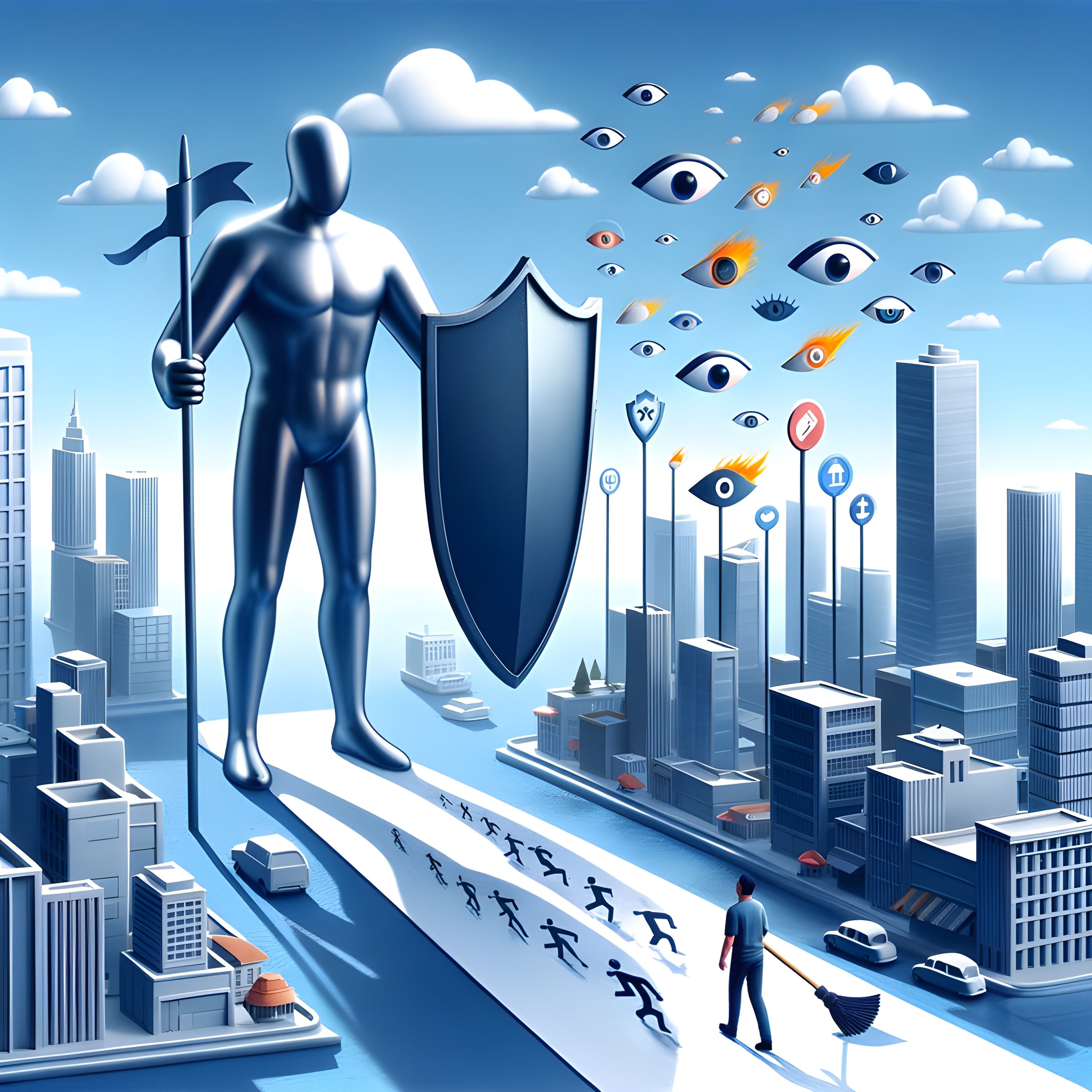 A towering bodyguard with a shield protecting a user from digital surveillance, symbolizing a privacy browser.