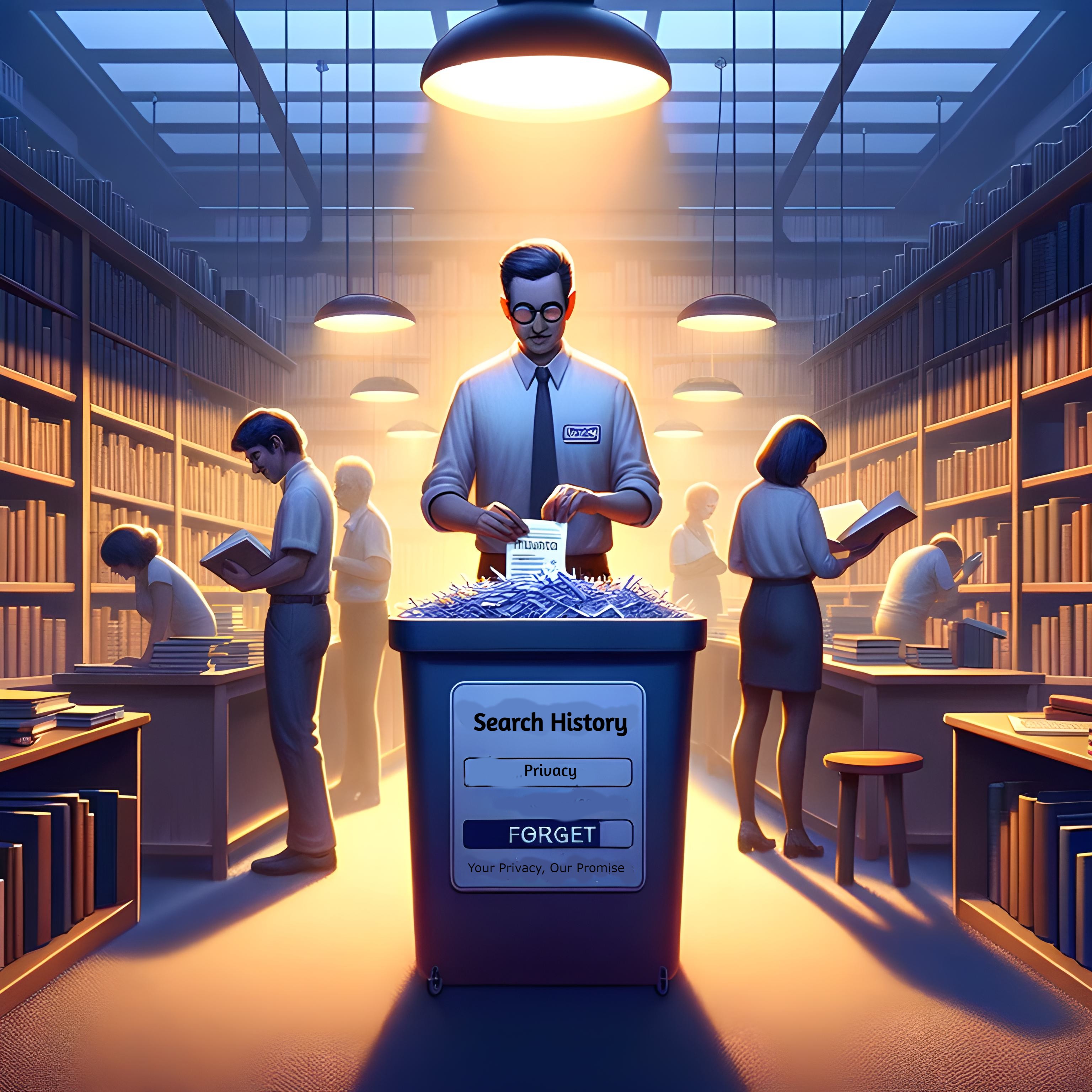 A librarian shredding papers in a bin marked 'Forget', indicating a privacy-focused search engine.