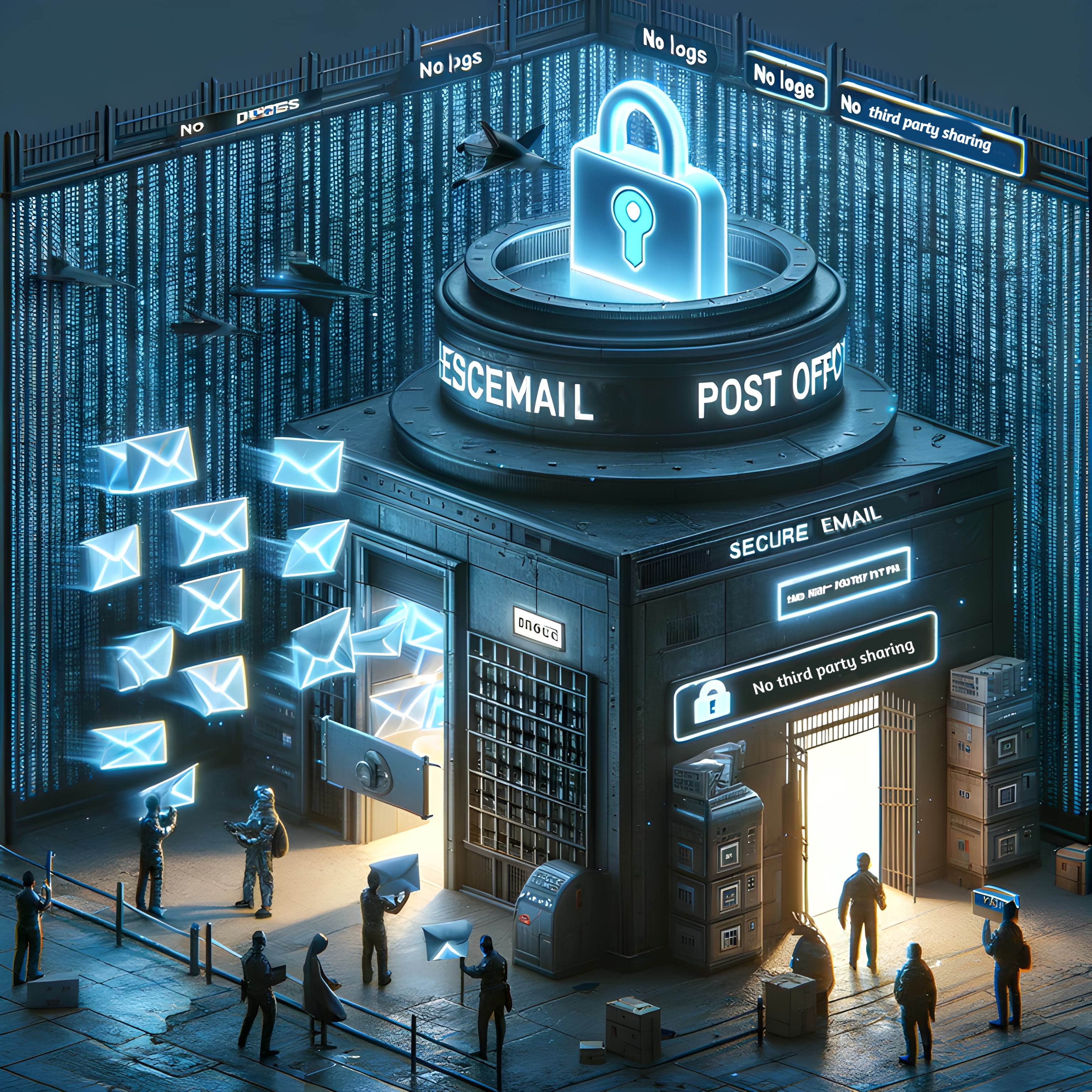 A futuristic post office with envelopes flowing in and a sign saying 