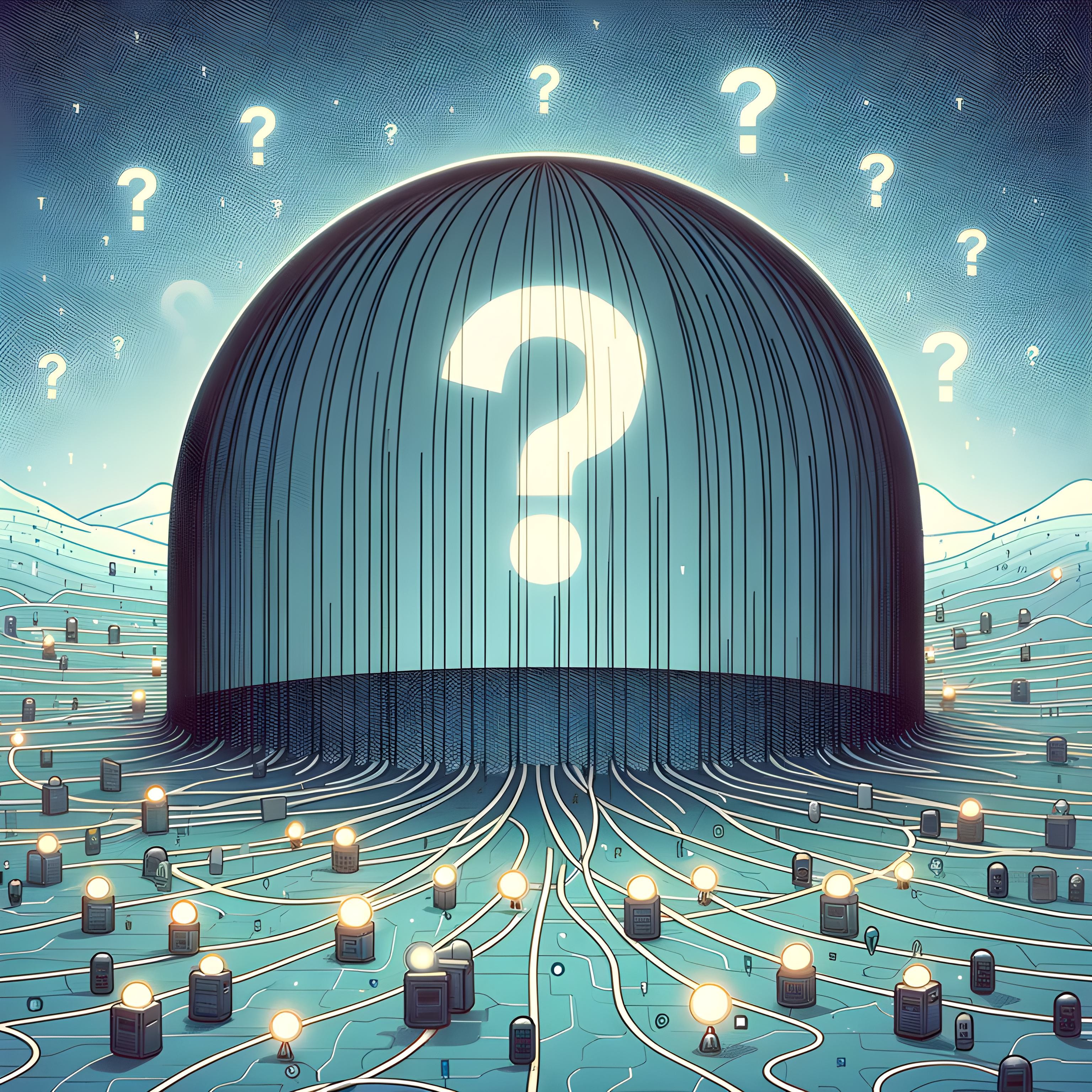 A dome over a circuit board with question marks above, illustrating the security of Tor.