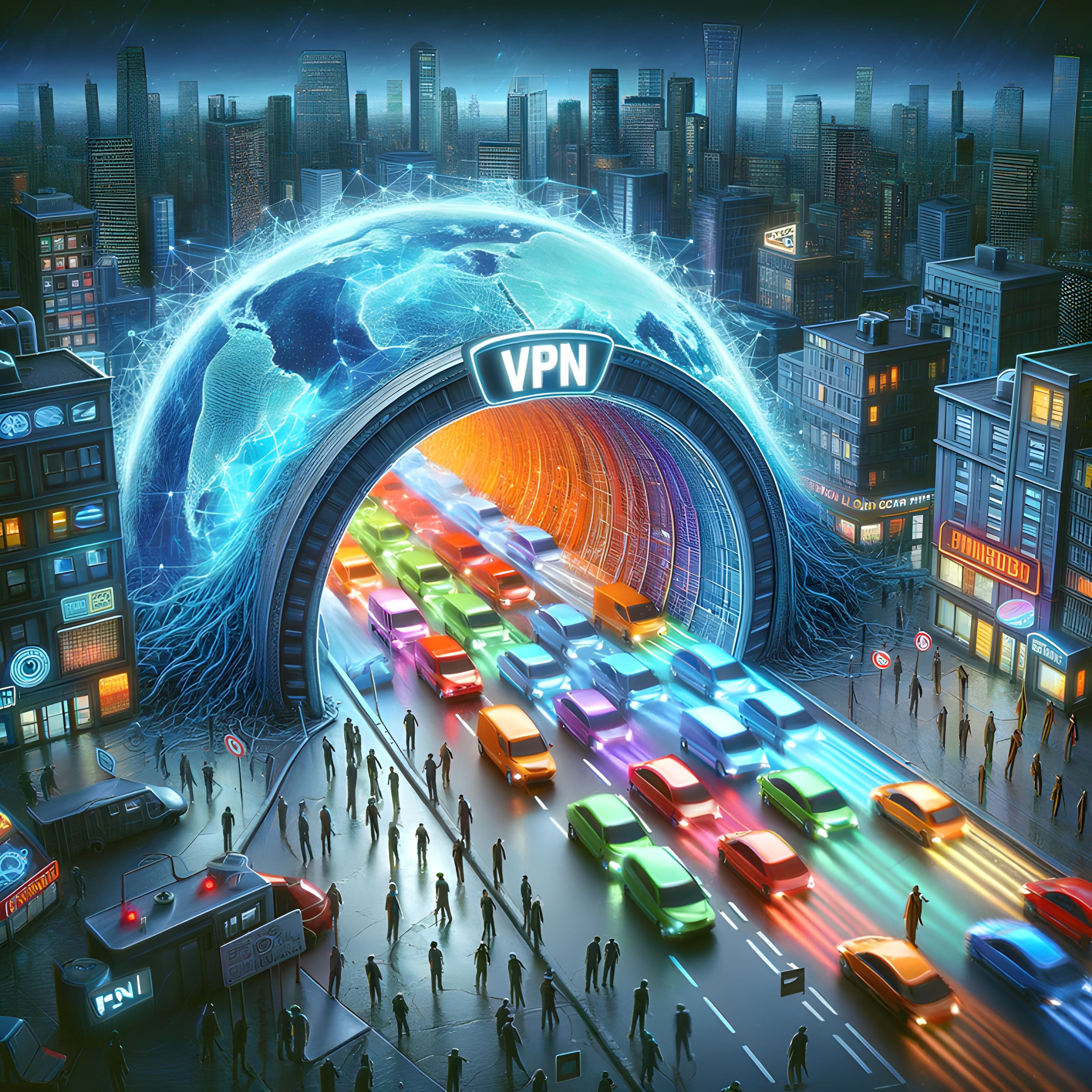 A colorful tunnel with data flowing through, marked 'VPN', representing a virtual private network.
